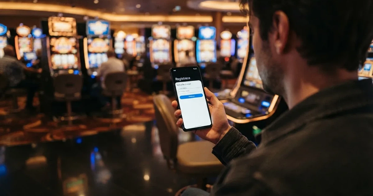 Hráč u mobilu s otevřenou registrací v online casinu, na pozadí automaty s roztočenými válci