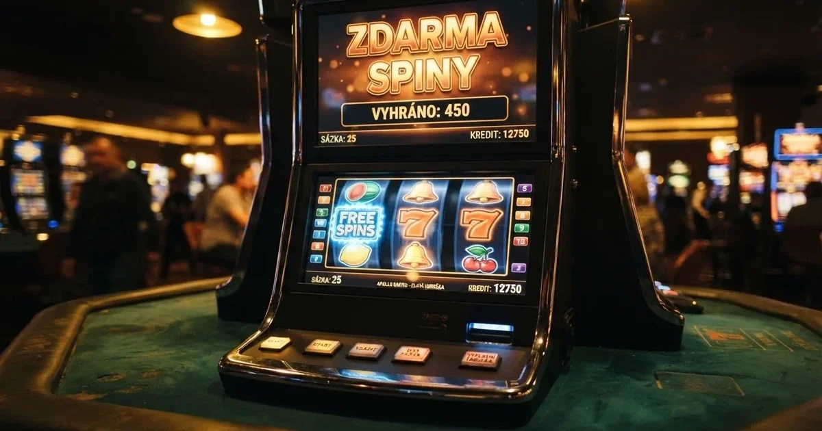 Roztočené válce výherního automatu s bonusovými symboly a nápisem „free spins“ na obrazovce