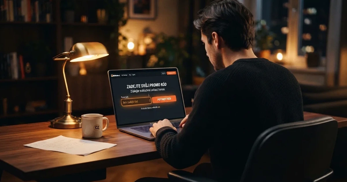 Vyhledávací pole online casina s textovým kurzorem připraveným pro zadání promo kódu, na obrazovce počítače