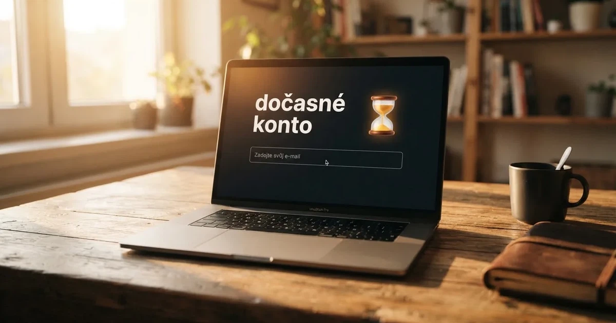 Ilustrace dočasné registrace v online casinu — formulář na obrazovce počítače s textem „dočasné konto“ a symbolem přesýpacích hodin