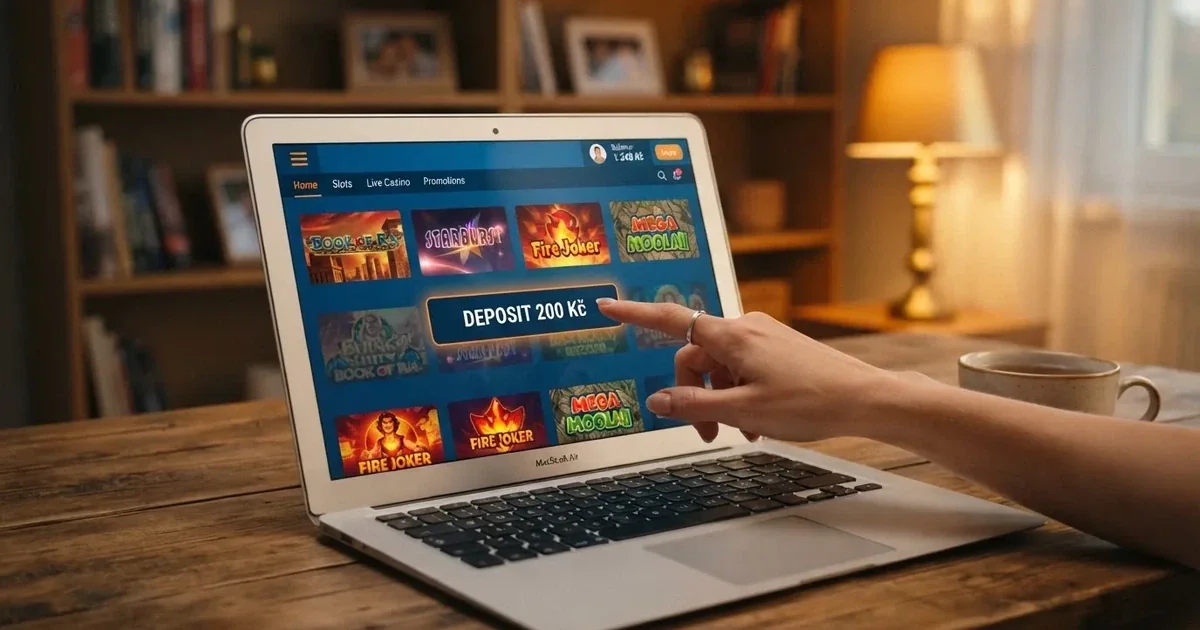 Herní lobby online casina s tlačítkem vkladu a zobrazenou částkou 200 Kč