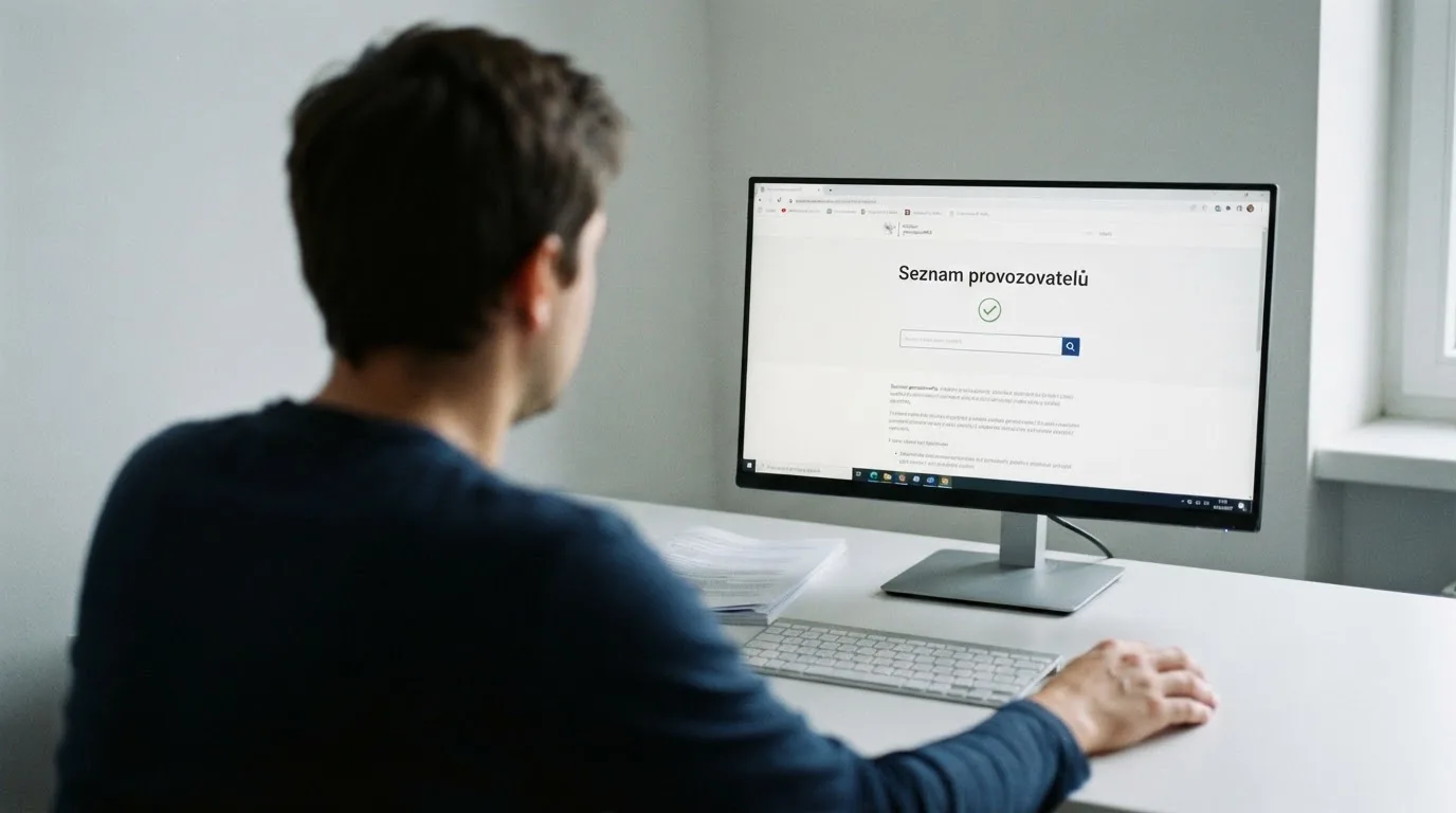 Ověřování licence online casina v registru Ministerstva financí ČR na obrazovce počítače