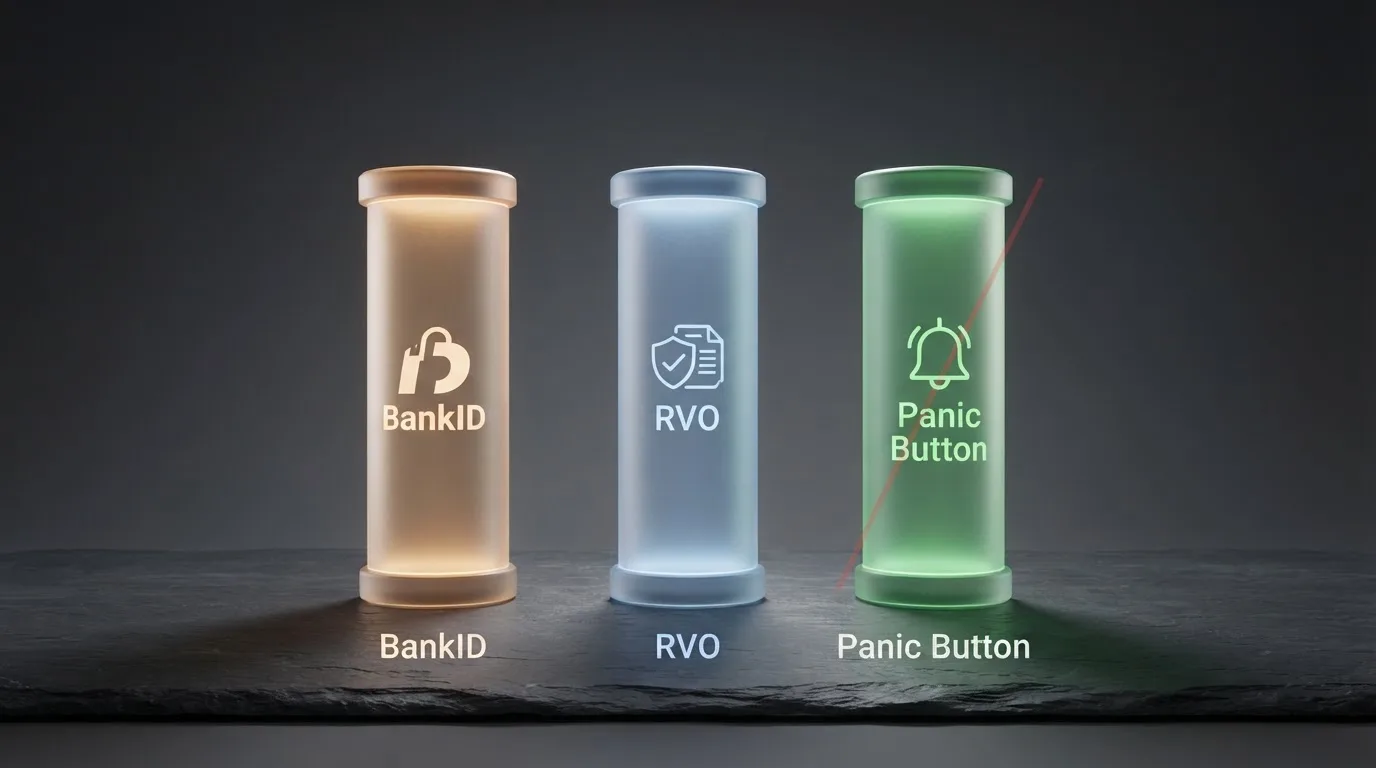 Schéma tří pilířů ochrany hráče v CZ systému — BankID, Rejstřík vyloučených osob a panic button — s vyznačením, které z nich v offshore chybí