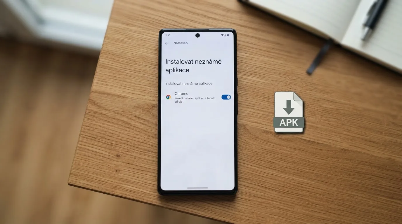 Mobilní telefon s Androidem zobrazující obrazovku nastavení s povolením instalace z neznámých zdrojů, vedle něj ikona staženého APK souboru