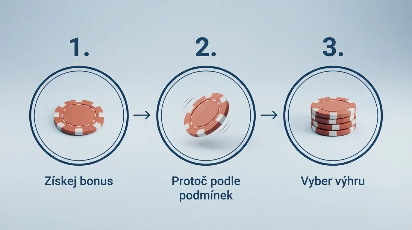 Infografika ve třech krocích — hráč získá bonus, protočí ho podle násobku v podmínkách, a teprve poté může požádat o výběr výhry