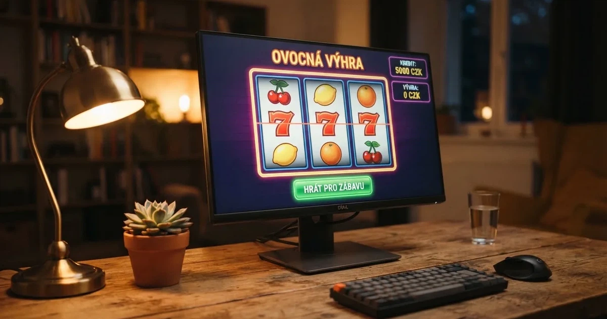 Klasický ovocný automat na monitoru počítače v demo režimu s virtuálními kredity