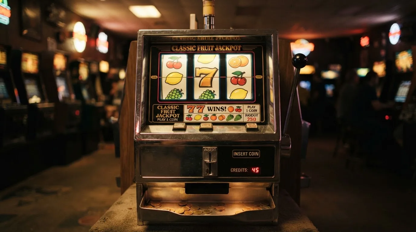 Klasický tříválcový hrací automat s třešněmi, citróny, hrozny a zlatou sedmičkou na válcích