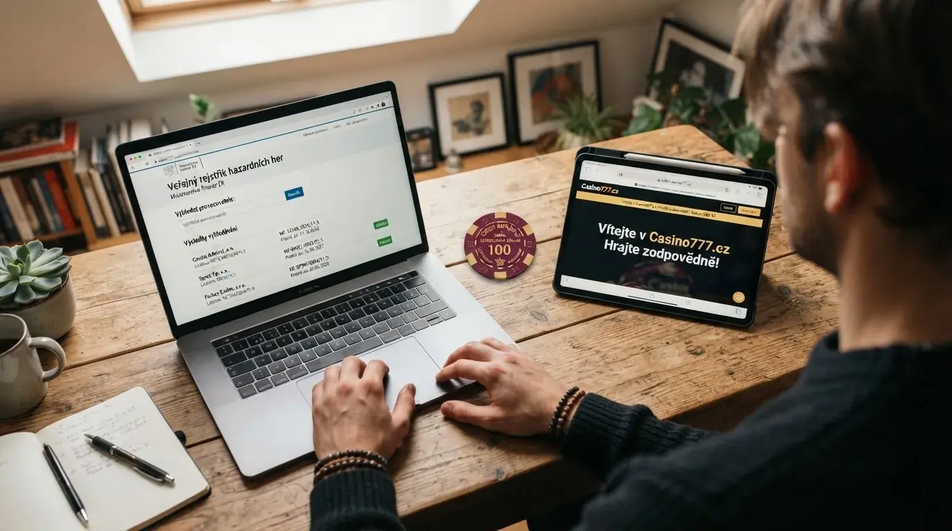 Úřední výpis z rejstříku Ministerstva financí ČR s zvýrazněným číslem základního povolení, vedle obrazovka online casina s doménou .cz.