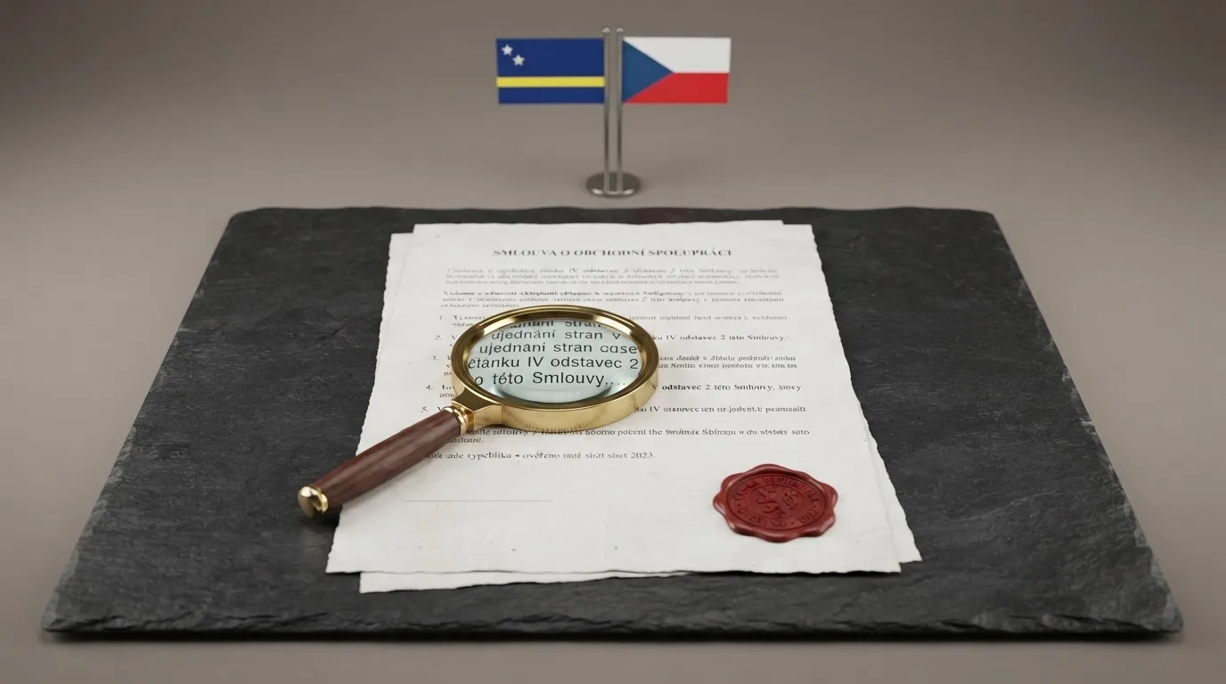Úřední dokument s razítkem a lupa nad ním, v pozadí vlajky Curaçaa a ČR vedle sebe