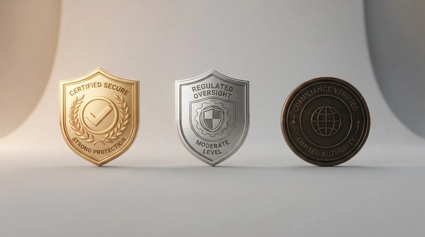 Tři znaky licencí vedle sebe — MF ČR, MGA a Curaçao eGaming
