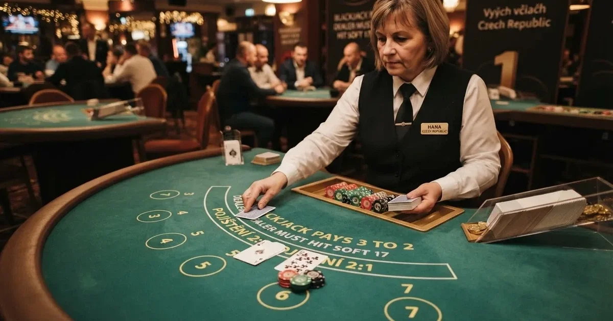 Živý blackjackový stůl s krupiérem — pohled na herní layout s kartami a sázkovými poli