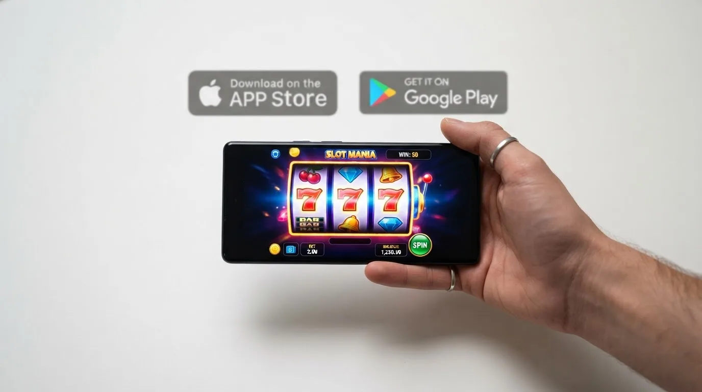 Ruka drží mobil s otevřenou casino aplikací v demo režimu, na displeji roztočený automat, v pozadí ikony Google Play a App Store