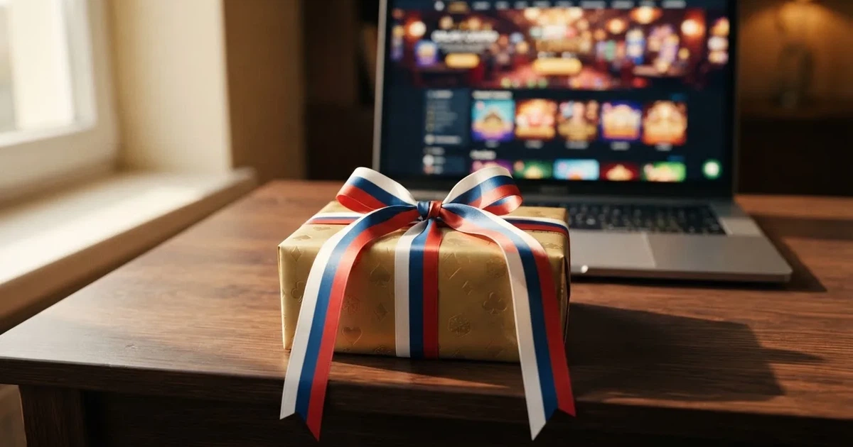 Dárek zabalený ve zlatém papíru s motivem hracích karet a kostek, převázaný stuhou v barvách české trikolory, na pozadí rozmazaného online casino rozhraní