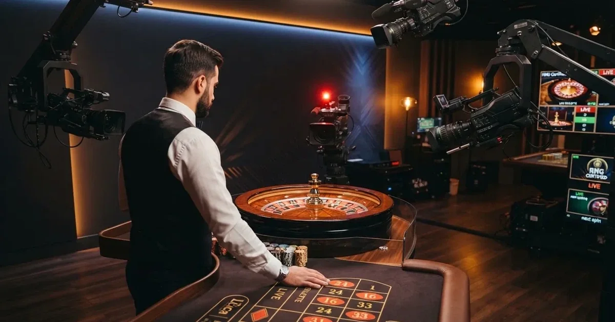 Živý krupiér u rulety v profesionálním kasinovém studiu s HD kamerami a osvětlením