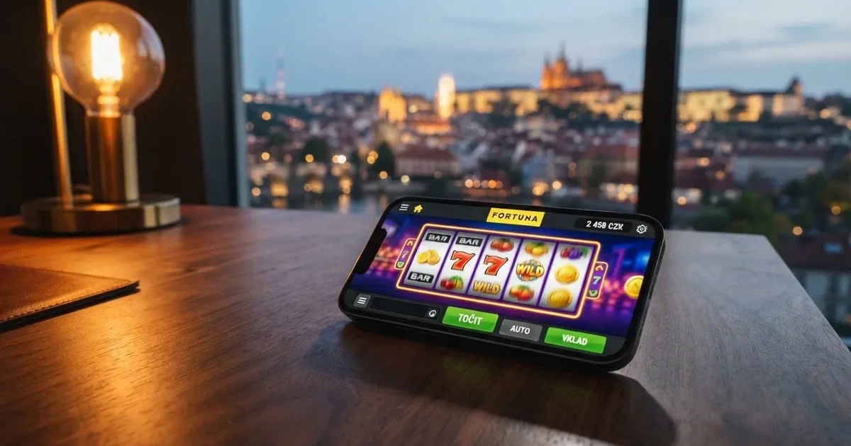 Mobilní telefon s otevřenou kasino aplikací, na displeji výherní automaty v českém rozhraní, v pozadí město