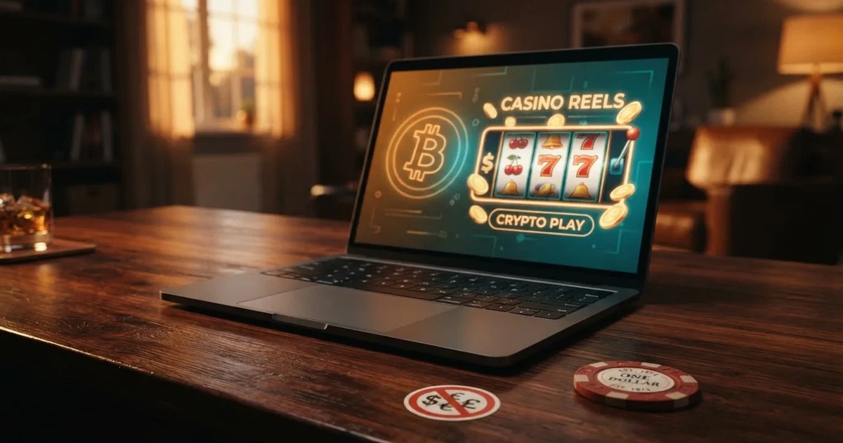 Bitcoin a logo kasina na obrazovce notebooku, vedle česká koruna a symbol zákazu mezi nimi