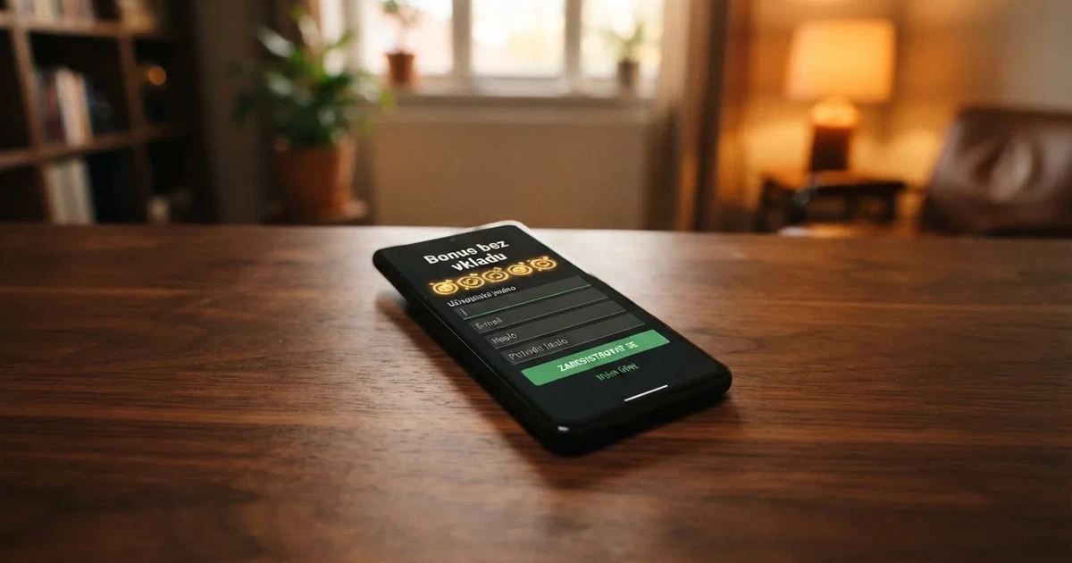 Mobilní telefon zobrazující registrační formulář online kasina s nabídkou free spinů a nápisem „Bonus bez vkladu“
