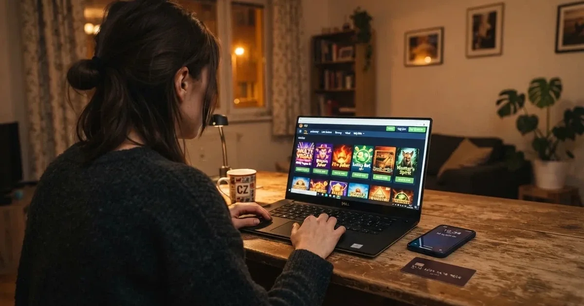 Hráč u notebooku s otevřenou stránkou licencovaného českého online casina, na stole leží česká platební karta a mobilní telefon
