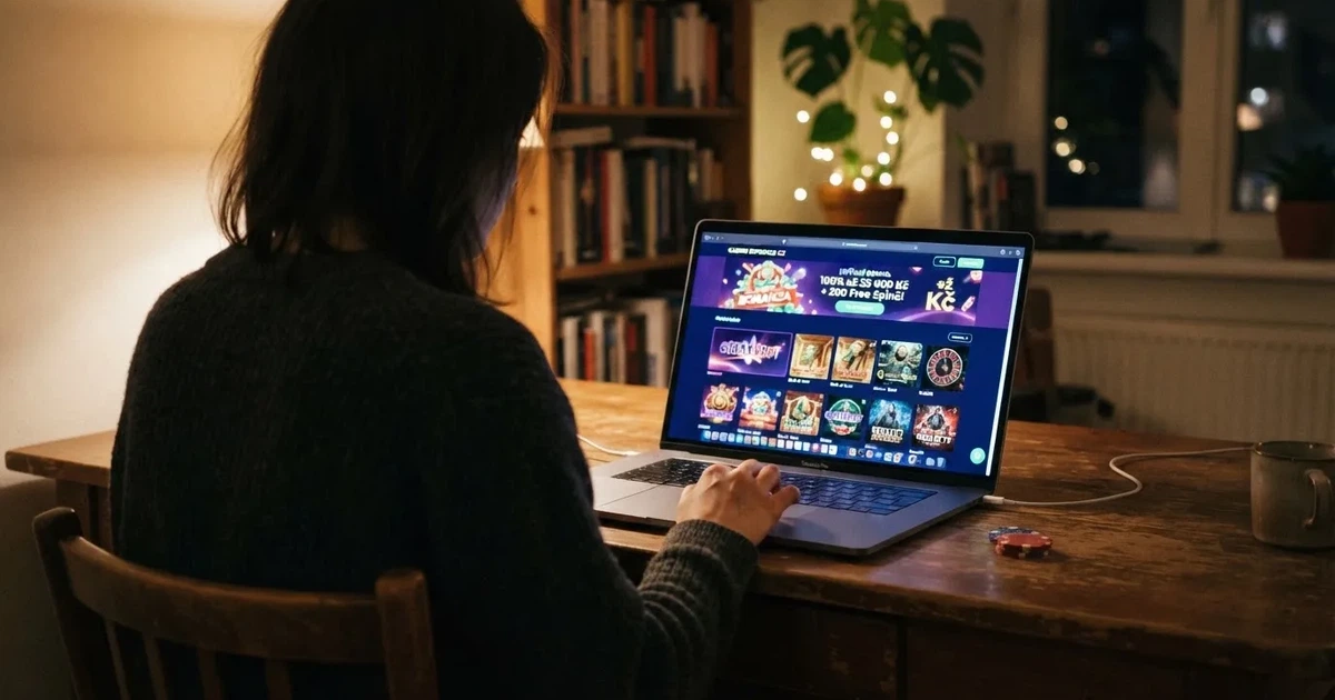Hráč u notebooku si prohlíží nabídku zahraničního online casina s bonusem bez vkladu