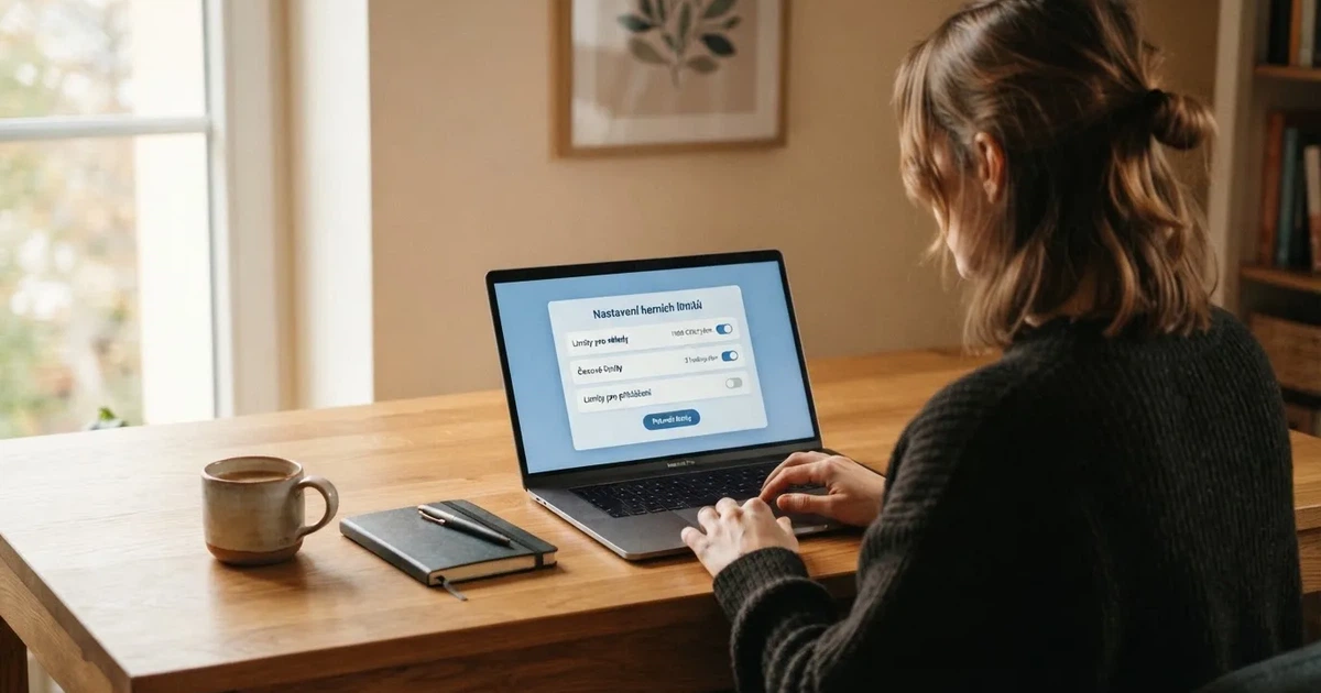 Žena si na notebooku prohlíží registrační stránku nového českého online casina, na obrazovce je vidět formulář s možností nastavení herních limitů