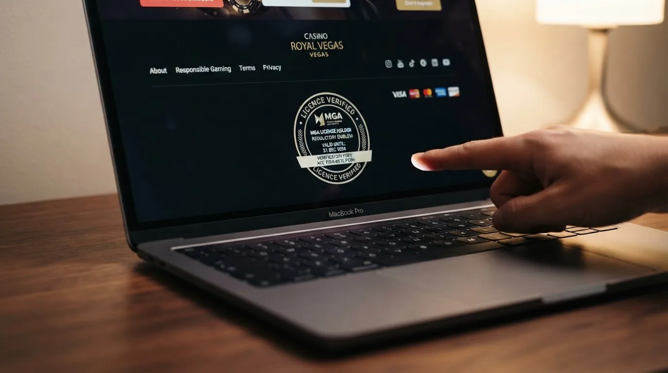 Zvětšený detail licenční pečeti MGA v patičce webu s číslem licence, logem regulátora a datem platnosti