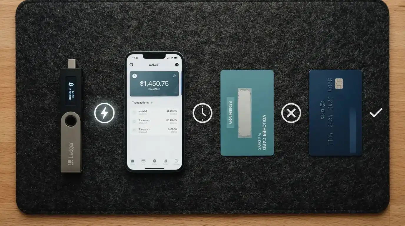 Rozcestník platebních metod — krypto peněženka, e-peněženka, Paysafecard voucher a platební karta — s ikonami rychlosti výběru