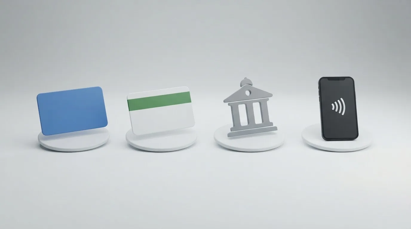 Ikony platebních metod — karta, Paysafecard, bankovní převod, Apple Pay — seřazené podle poplatků