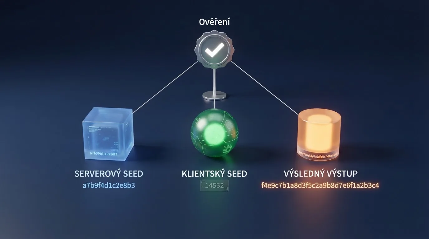 Diagram tří prvků provably fair systému: server seed, client seed a nonce s vyznačením role hashe