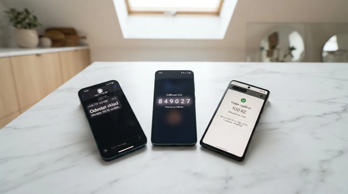 Sekvence tří displejů mobilního telefonu zobrazující odeslání SMS zprávy, přijetí potvrzovacího kódu a připsání částky na herní účet