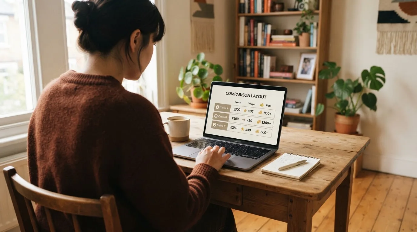 Srovnávací tabulka tří online casin — každý řádek nese jinou hodnotu uvítacího bonusu, násobku protočení a počtu automatů