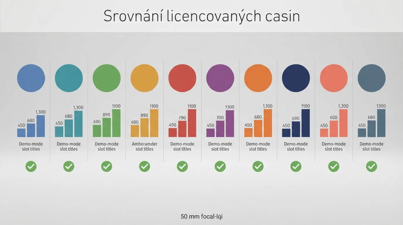 Koláž logotypů recenzovaných operátorů seřazených podle šíře portfolia automatů, pod každým ikona demo režimu