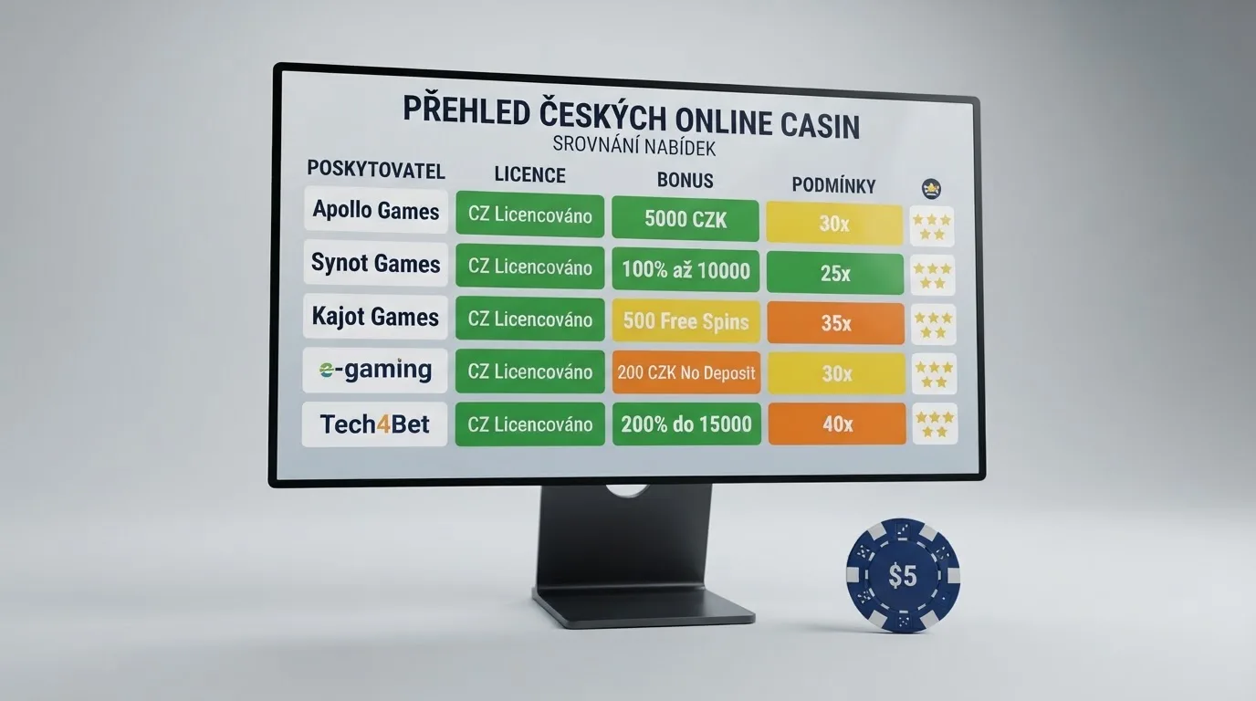 Srovnávací tabulka krypto kasin na monitoru — vedle sebe řádky s logy operátorů a klíčovými parametry