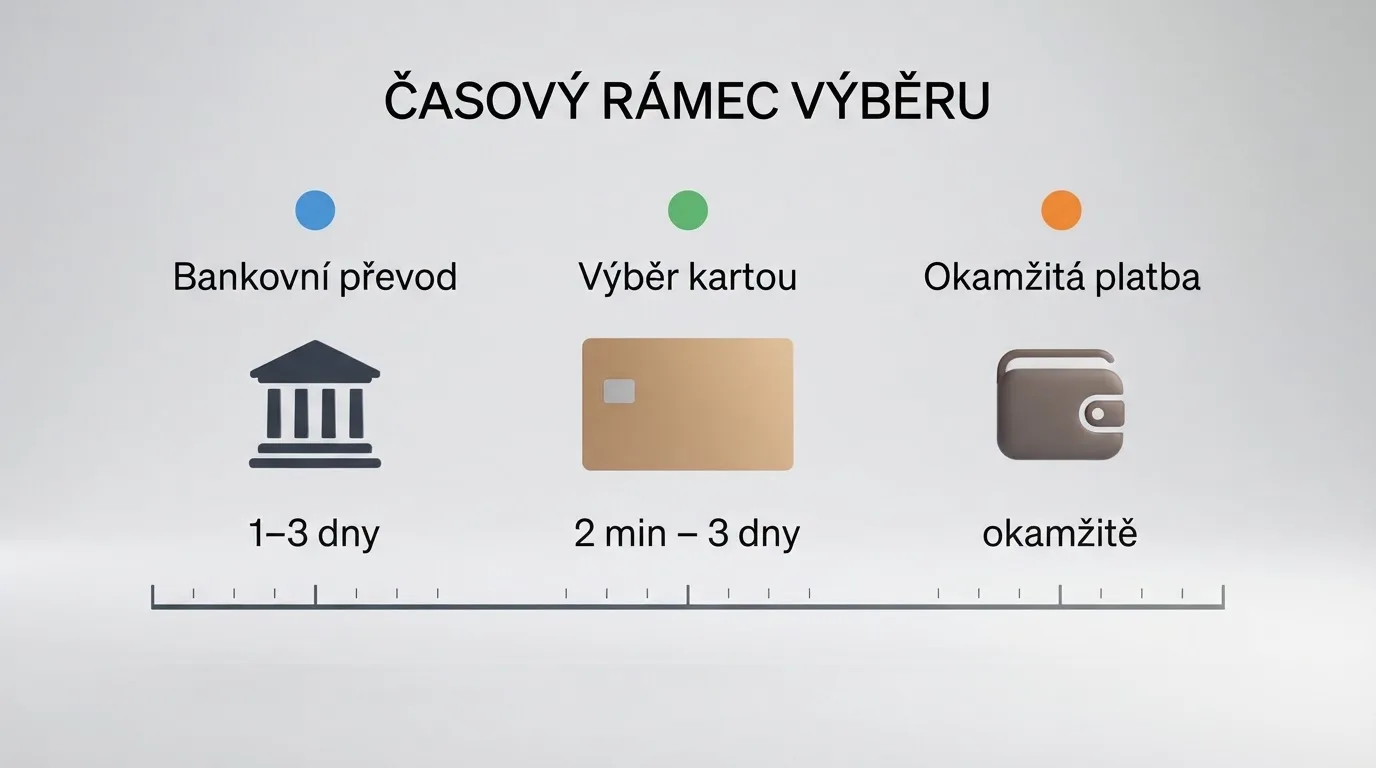 Infografika tří platebních cest — bankovní převod, platební karta a e-peněženka — s orientační dobou připsání.