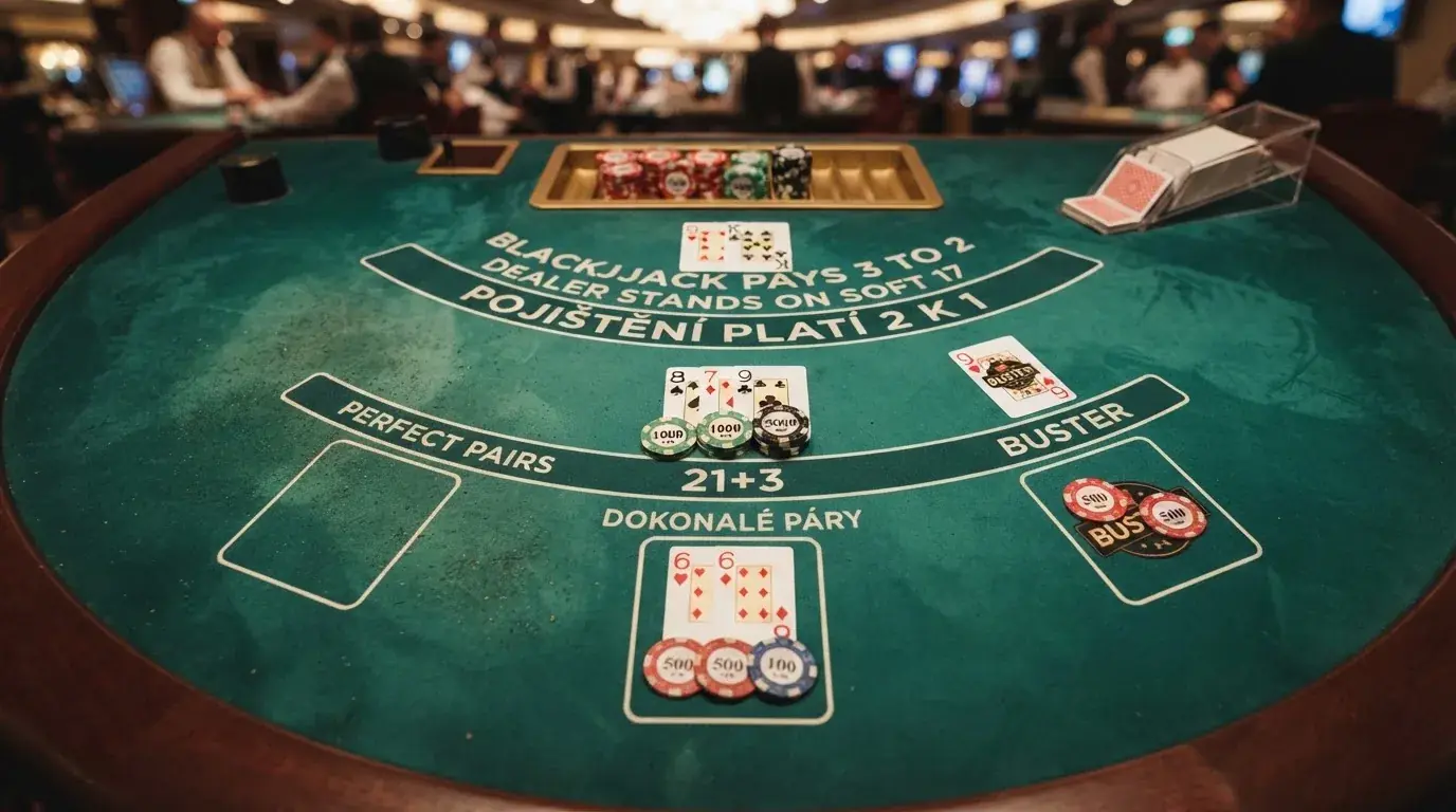 Přehled vedlejších sázek u live blackjacku — Perfect Pairs, 21+3 a Buster s výplatními poměry