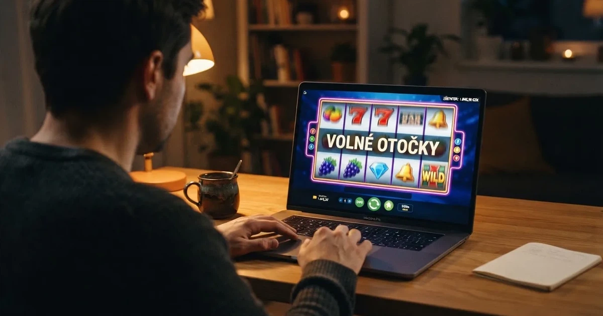 Hráč u notebooku sleduje roztočené válce online automatu, na obrazovce svítí nápis „volné otočky“