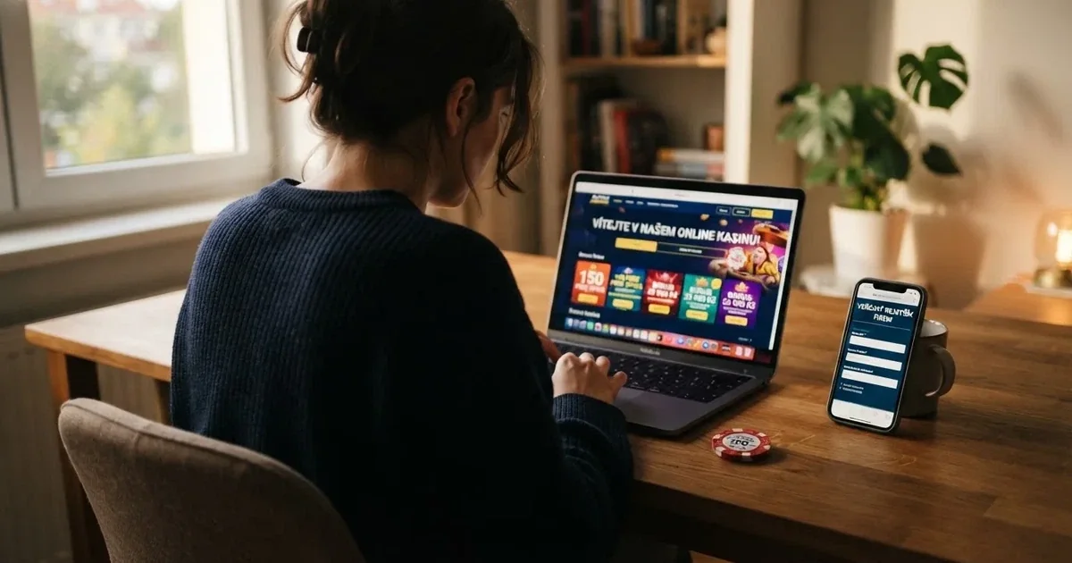 Hráč si na notebooku prohlíží nabídku bonusů bez vkladu v online casinu, na stole vedle leží český občanský průkaz a mobil s otevřenou stránkou MF ČR.