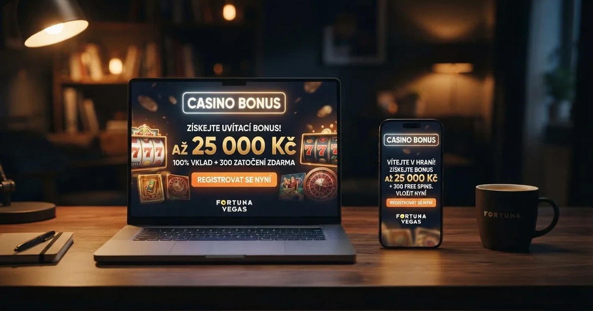 Úvodní obrazovka online casina zvýrazňující uvítací bonus za registraci — notebook a mobilní telefon vedle sebe