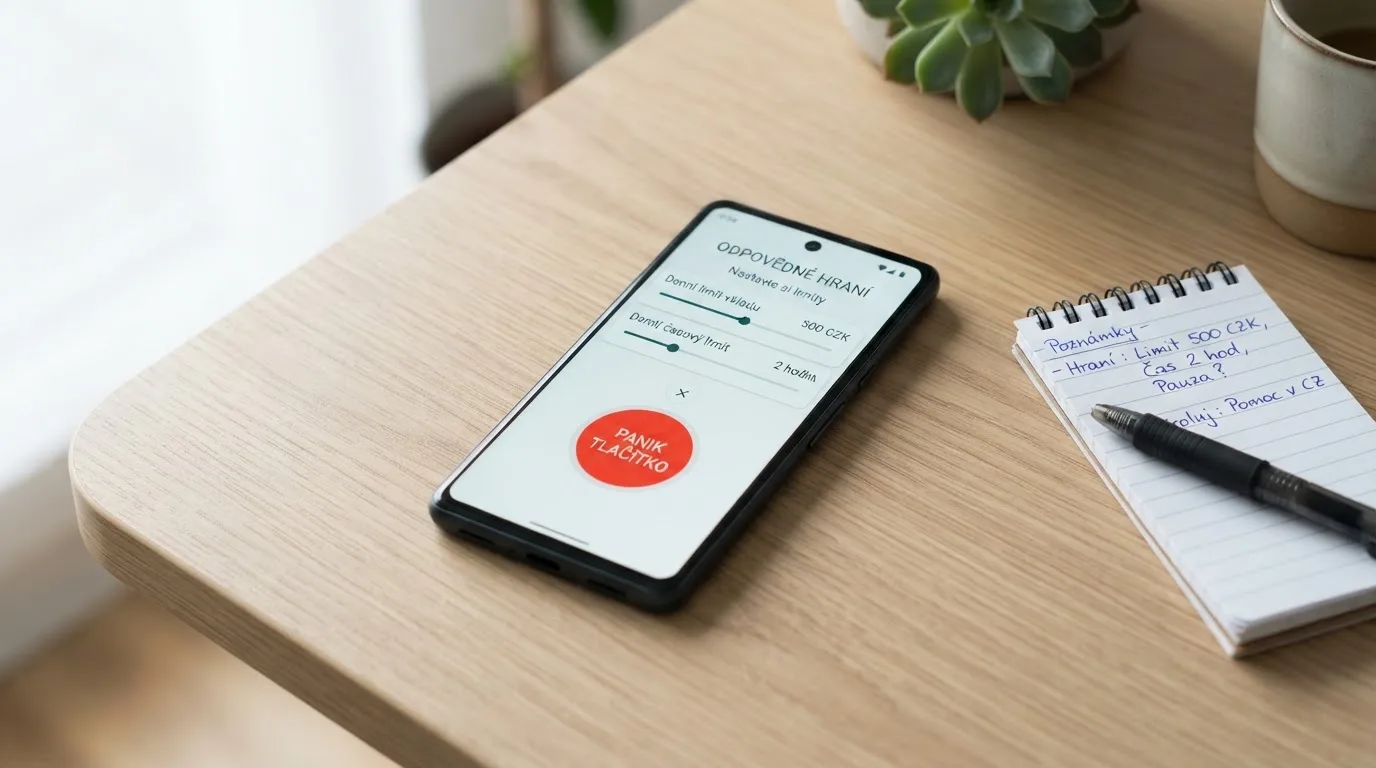 Mobilní telefon zobrazující obrazovku sebeomezujících opatření českého licencovaného casina s tlačítkem poslední záchrany
